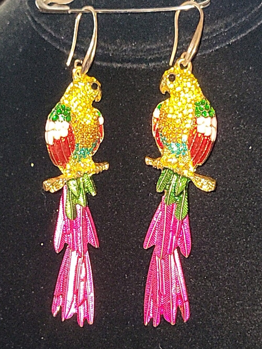Colorful Tropical Parrot Dangle Earrings Gold Tone Enamel Pierced Bird